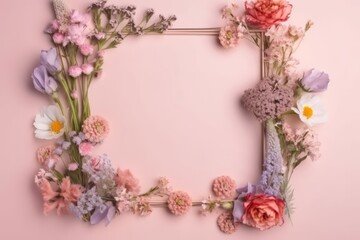 Bouquet of various summer wild flowers on a delicate pink background in the form of a frame with a place for text. Generative AI