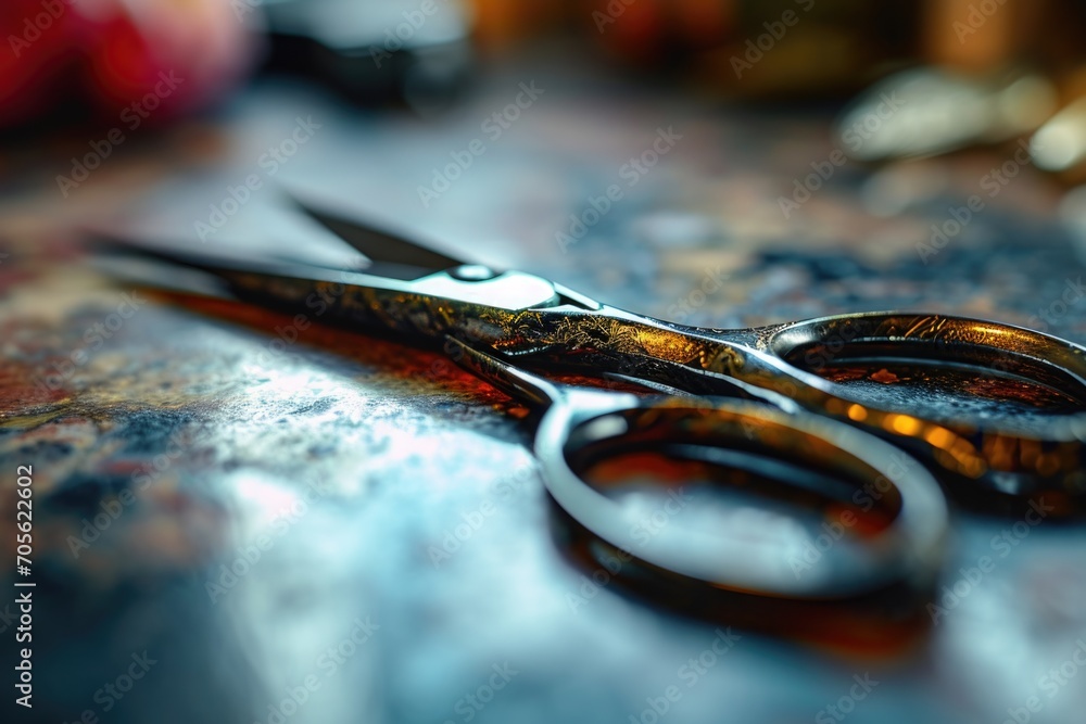 Aufkleber A close up view of a pair of scissors placed on a table. This image can be used to represent various concepts related to crafting, office work, or household activities