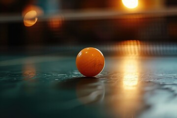 A ping pong ball sitting on top of a table. Can be used for sports or recreational themes