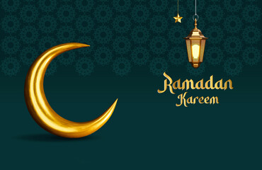 Fototapeta na wymiar Ramadan Kareem. Gold moon and glowing lantern with luxury islamic elements pattern background