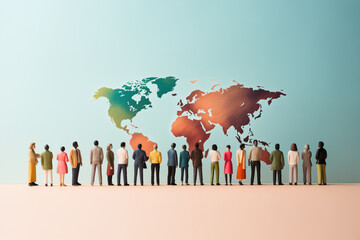 Human figures standing in front of world map, cute human puppet figures near world map, world multicultural and multi ethnic population wallpaper concept in a minimalist copy space background