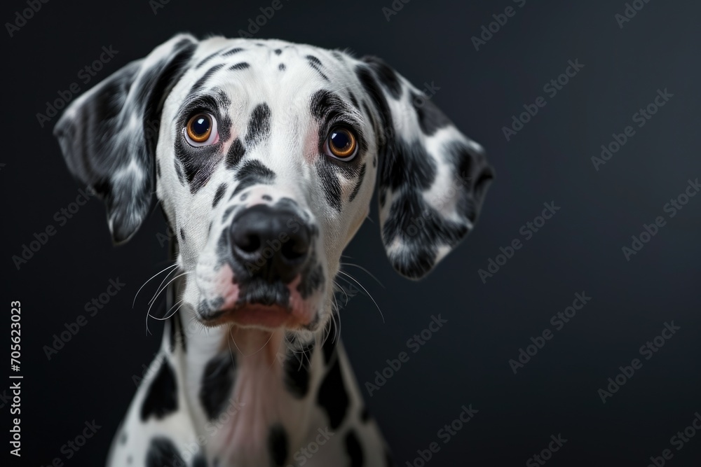 Poster a detailed view of a dalmatian dog's face. this image can be used to showcase the unique features an