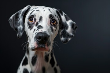 A detailed view of a Dalmatian dog's face. This image can be used to showcase the unique features and markings of the Dalmatian breed