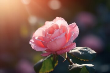 Fabulous blooming pink rose on blurred sunny shiny background. Generative AI