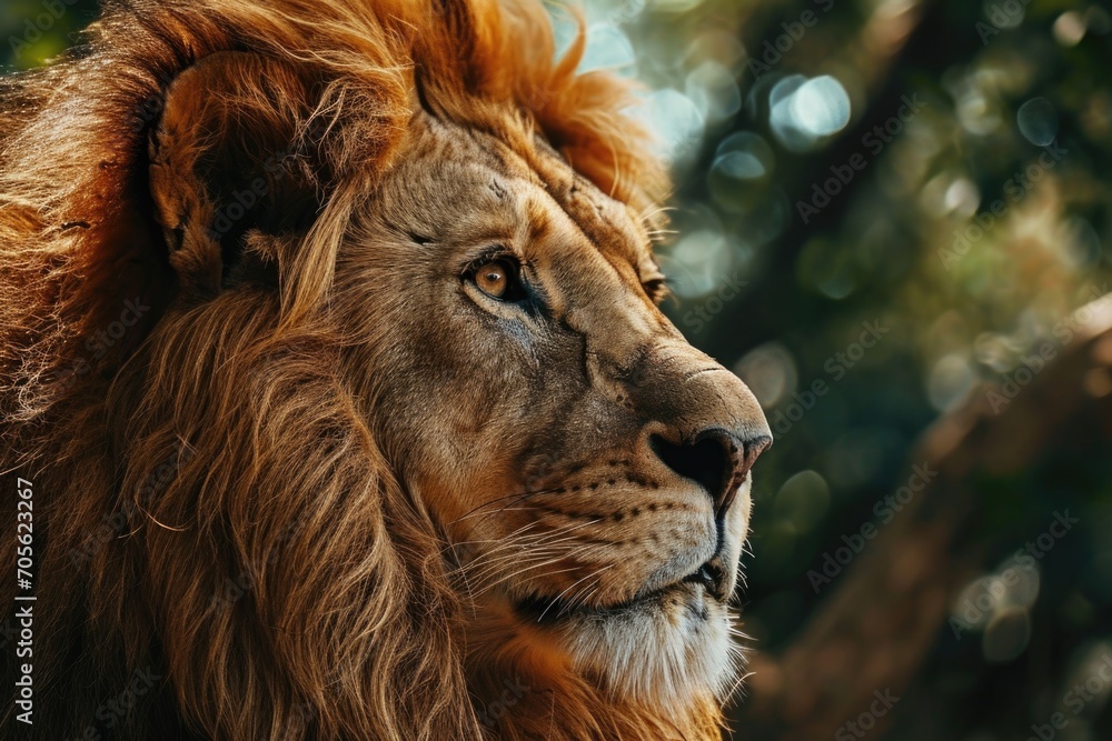 Poster close up of a lion's face with trees in the background. perfect for wildlife enthusiasts or nature-t