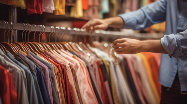 person choosing clothes in shop, hand of customer choosing clothes in a clothing store close shot, Ai generated image