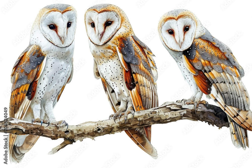 Poster three owls perched on a tree branch. ideal for nature and wildlife enthusiasts