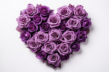 A close up of a heart made of  purple roses on a white surface. Suitable for Valentine's Day, anniversary, love, romance, and floral design projects.
