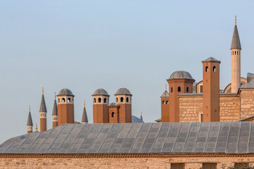The roof and red brick chimneys of Harem at Topkapi Palace. Istanbul, Turkey