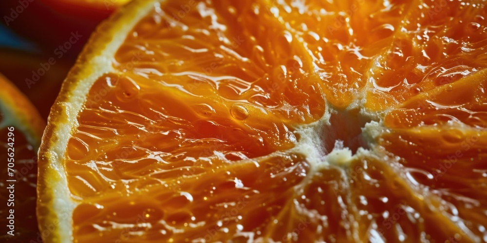 Poster a close up view of an orange that has been cut in half. this image can be used for food-related proj