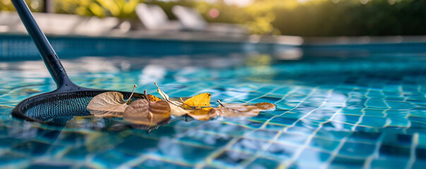 Swimming Pool Maintenance Concept. Pool Opening and Closing, Skimmer replacement, Leak repair, Plumbing, Drain, Clean.