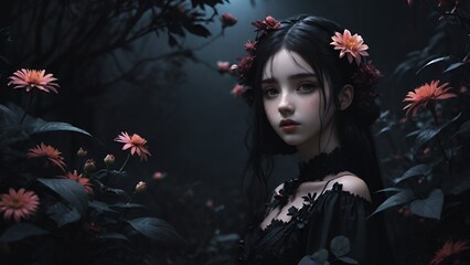 Elegant floral girl model illustration,dark aesthetic 