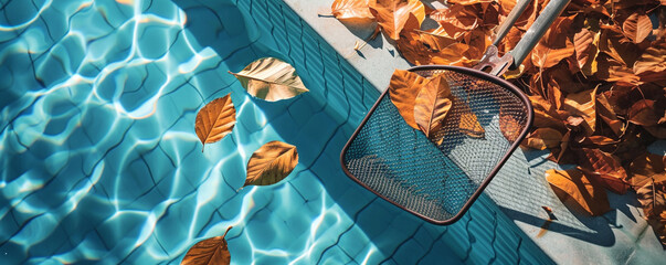 Swimming Pool Maintenance Concept. Pool Opening and Closing, Skimmer replacement, Leak repair, Plumbing, Drain, Clean.