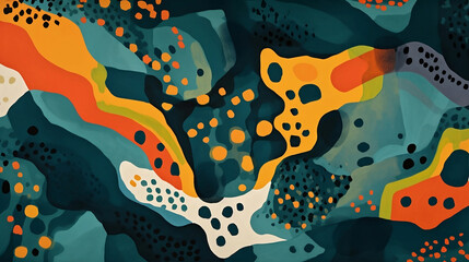 The colorful pattern with the camouflage elements, in the style of organic forms blending with geometric shapes, dotted, dark teal and light orange, ink wash collages, abstract minimalism appreciator,