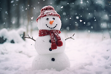 Fototapeta premium Cute snowman in the snow. Winter white background.