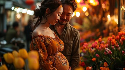 A Japanese husband with his pregnant wife in tulip field in Valentine Day with copy space, Generative AI. - obrazy, fototapety, plakaty