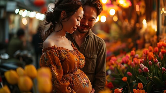 A Japanese husband with his pregnant wife in tulip field in Valentine Day with copy space, Generative AI.