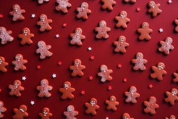 Red Xmas background. Gingerbread man pattern. Generative AI