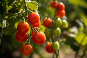 Ripe cherry tomatoes on the vines. Generative AI