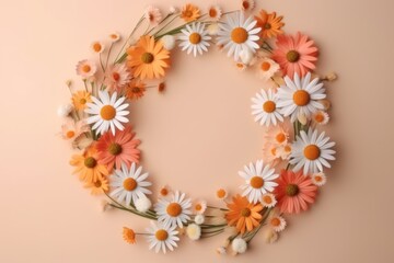 Round floral frame wreath of colourful chamomile flower buds on neutral peachy background. Generative AI