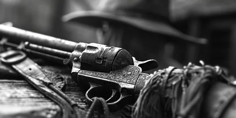 Deurstickers A close up view of a gun resting on a saddle. Suitable for western-themed projects or firearm-related designs © Fotograf