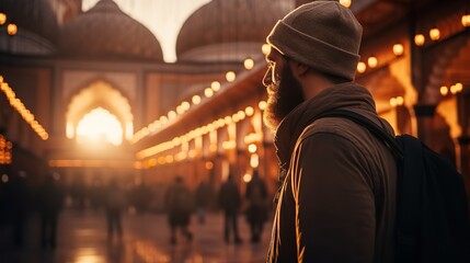 A man strolling in the direction of a mosque at dusk, Generative AI.