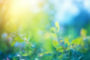 Summer background of blue and green, blurred foilage and sky with bright bokeh. Generative AI