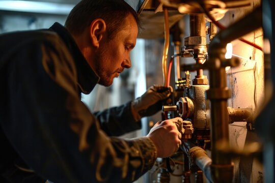 A man is seen working on a water heater. This image can be used to illustrate plumbing repairs or home maintenance