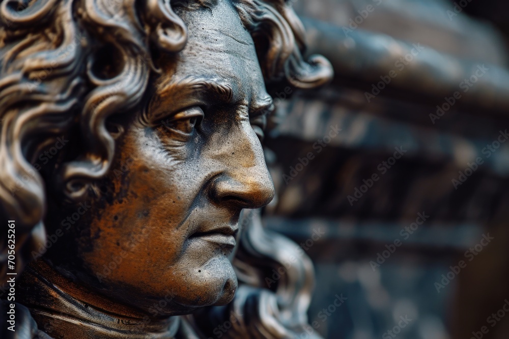 Poster a detailed close up of a statue depicting a man. suitable for various uses