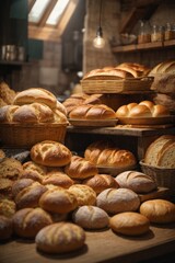 A modern bakery with a wide variety of breads on the shelves. - obrazy, fototapety, plakaty