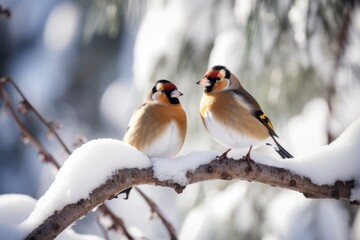 Two great birds on a branch on a sunny winter snowy day. Generative AI