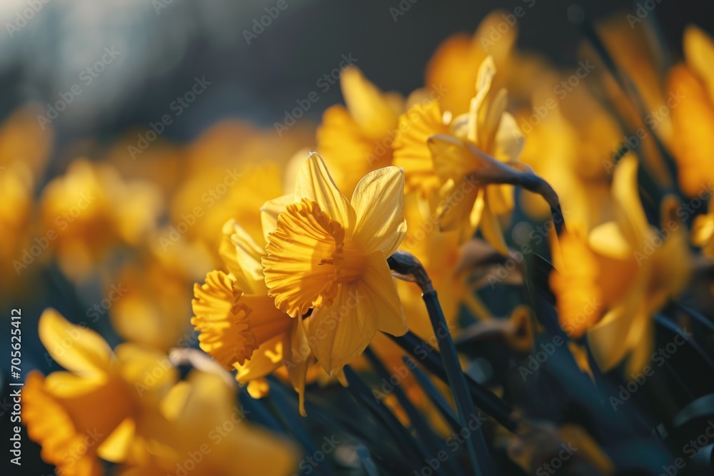 Poster a vibrant field of yellow daffodils basking in the sunlight. perfect for springtime designs and flor