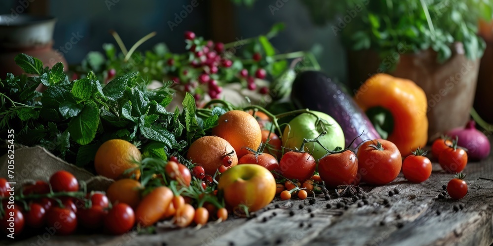 Poster a table filled with a diverse selection of fresh fruits and vegetables. perfect for healthy eating c