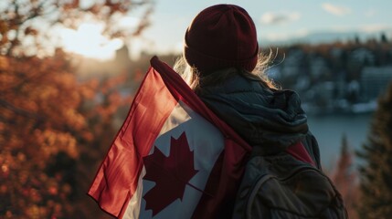 Woman proudly displaying a Canadian flag on her back. Perfect for patriotic events and celebrations