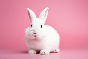 Fototapeta premium White rabbit on pink background. Generative AI