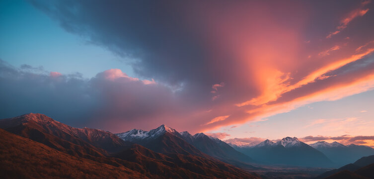 Mountain landscape with orange-teal pinkish clouds 