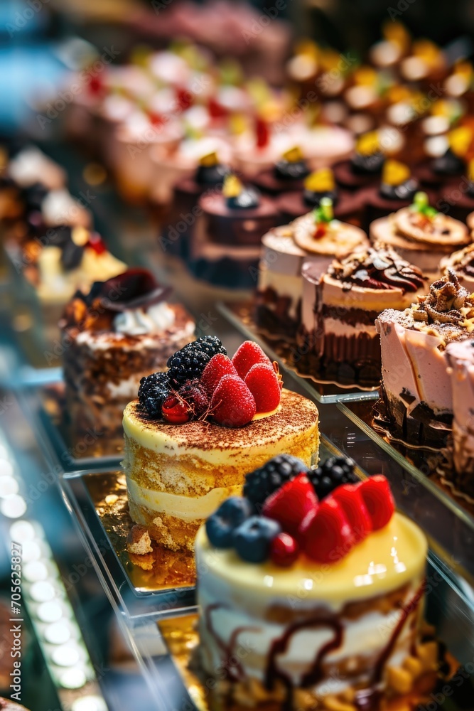Poster a display case filled with a variety of delicious cakes. perfect for bakery advertisements or desser