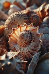A close-up view of a bunch of sea shells. This image can be used to depict the beauty of nature and the beach