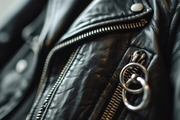 A detailed view of a leather jacket with a zipper. Versatile and stylish, this image can be used in fashion magazines, online clothing stores, or as a background for a fashion blog