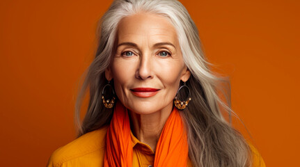 Fototapeta premium Elegant, smiling, elderly, chic, woman with gray long hair and perfect skin, on an orange background, banner.