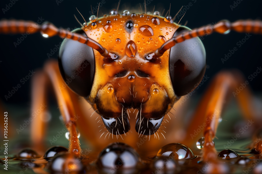 Poster Extreme sharp and detailed view of small metallic wasp. close-up macro shot. A macro photograph of red ant on the ground.