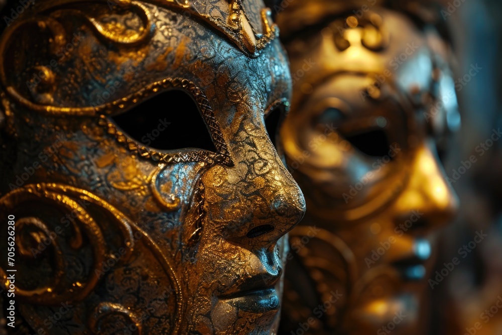 Poster Two masks are seen up close on a table. This image can be used for various purposes