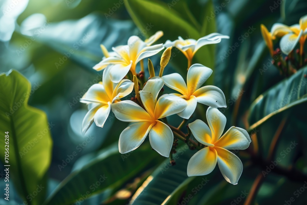 Poster a picture of a tree with a bunch of yellow and white flowers. this image can be used to depict the b
