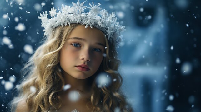 A teenage girl wearing white gown and snowflakes type crown, representing Christmas, Generative AI.