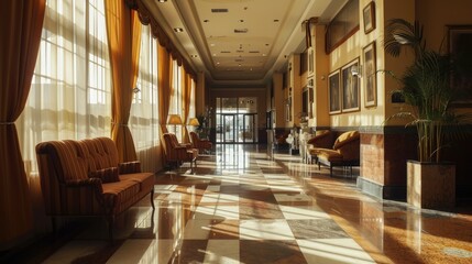 A spacious hotel lobby filled with natural light from numerous windows. Perfect for showcasing a modern, inviting atmosphere. - obrazy, fototapety, plakaty