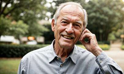 outdoor portrait of a happy erdelry man in blue shirt , generative AI
