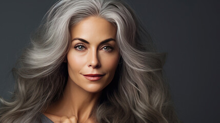 Elegant, smiling, elderly, chic, woman with gray long hair and perfect skin, on a silver...