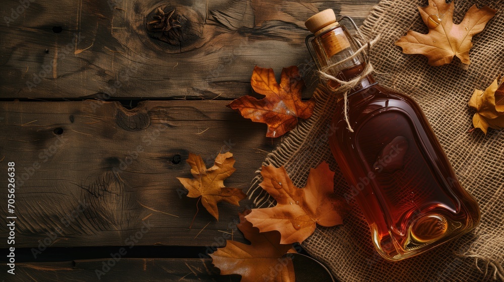 Wall mural maple syrup bottle surrounded by autumn leaves on a wooden table