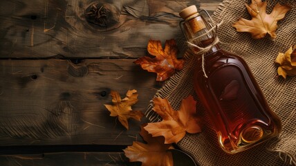 Maple syrup bottle surrounded by autumn leaves on a wooden table - obrazy, fototapety, plakaty