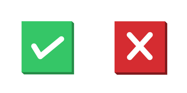 yes and no buttons, do and don't button, tick and cross buttons, checkmark and crossmark button isolated on white and transparent background in 3d square green and red color vector illustration